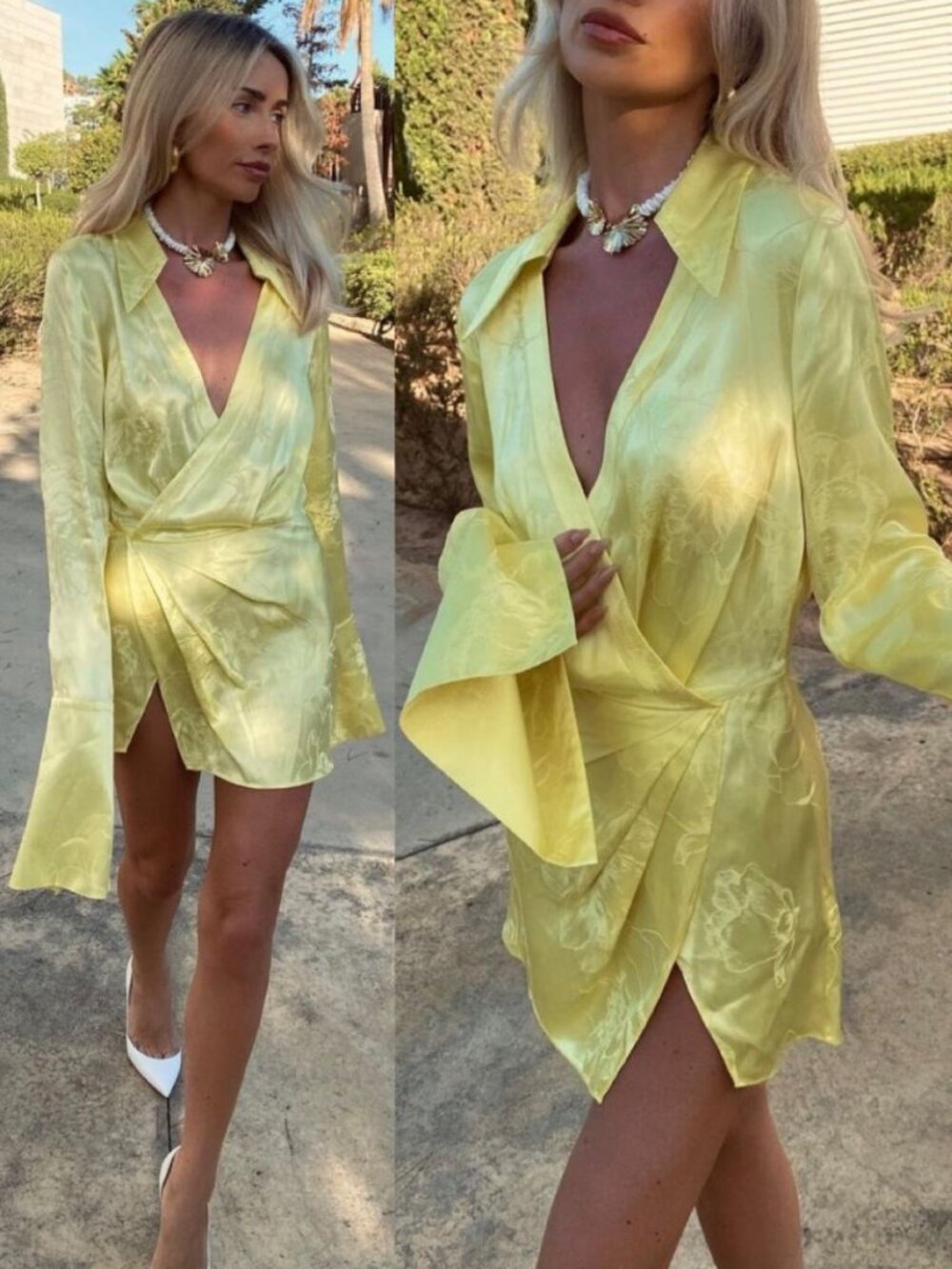 Rat & Boa Paloma Dress Lemon Neon Yellow Wrap V Neck Mini Size S